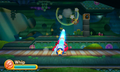 Kirby uses the 3D Laser Bar to attack some enemies in the background.