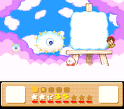 Kirby fighting Ado and her paintings of Kracko and Co-Kracko in the Boss fight of Cloudy Park from Kirby's Dream Land 3