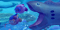 Main Mode credits picture from Kirby's Return to Dream Land, featuring Kirby and Bandana Waddle Dee swimming for their lives from Barbar