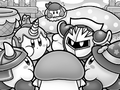 Team Kirby, including Sword Hero Kirby, talking to Meta Knight, in Kirby Clash Team Unite!