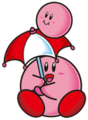 Artwork from Kirby's Pinball Land showing a stage prop Kirby holding the ball Kirby with a Parasol