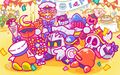 Illustration from the Kirby JP Twitter featuring Mace Knight gifting Meta Knight with a Maxim Tomato and a 1-Up