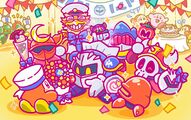 Meta Knight's party, featuring Javelin Knight gifting Meta Knight with an Invincible Candy