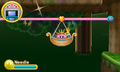 Kirby rides the gondola over a pit.