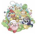 Group artwork for the Kirby Café, where Meta Knight uses a Star Block as a seat