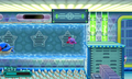 Kirby swims through a floating water bar in the train.