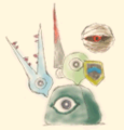 Illustration of Mumbies along with Maw, I³, and Ghost Knight from the true ending credits in Kirby 64: The Crystal Shards