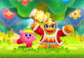 Credits picture from Kirby Fighters Deluxe, featuring Sword Kirby and King Dedede waving at the player in Flower Land