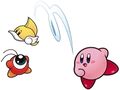 Kirby Super Star Ultra artwork of Kirby tossing an Ability Item to a Waddle Doo helper