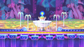 The Fountain of Dreams stage in Kirby Fighters 2, where the Star Rod is powering it in the background