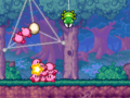 Some Kirbys try to get away with a cobweb cocoon while a green Spideroo seeks to get away with a Kirby