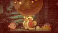 Kirby and Bandana Waddle Dee watching King Dedede carry a Balloon Bomb