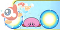 Kirby Super Star artwork of Kirby using his Normal Beam on a Waddle Doo helper