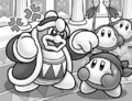 Illustration of Bandana Waddle Dee being worried from Dedede's anger from Kirby: Uproar at the Kirby Café?!.