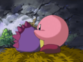 Kirby forgives the baby Galbo after it bites his hand.
