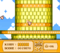 Kirby rushes along another spinning tower without a care in the world.