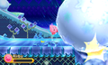 Kirby getting hit by a big snow boulder in Old Odyssey