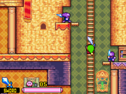 Sword Kirby climbing up a ladder, as he avoids the Sword Knights nearby