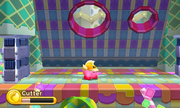 The hole in the wall is enough to save Kirby from being crushed.