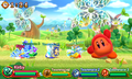 Colossal Waddle Dee waving at the screen during battle in the Grasslands while having low HP.
