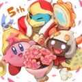 Illustration from the Kirby JP Twitter commemorating the 5th anniversary of Kirby: Triple Deluxe, featuring Bell Kirby