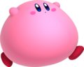 An extremely engorged Kirby (referred to as super-stuffed Kirby), ready to fire a Blaster Bullet
