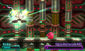 Two Drop Stars can be seen dropping out of the severely damaged Holo Defense API from Kirby: Planet Robobot.