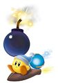 Artwork of Yellow Kirby wielding a bomb while riding atop the Rocket Star