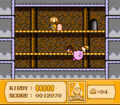 Kirby tries to squeeze between two enemies as he makes his way toward the door.
