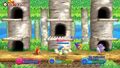 A battle taking place in Coo's Forest in Kirby Fighters 2