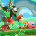 Tip image of Kirby adventuring with the Wave 2 Dream Friends, featuring Dark Meta Knight in Kirby Star Allies