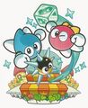 Artwork of Lololo & Lalala from Kirby no Copy-toru!, featuring a Gordo alongside them
