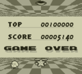 The Game Over screen in Kirby's Pinball Land.