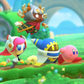 Tip image of Kirby adventuring with the Wave 3 Dream Friends, featuring Magolor in Kirby Star Allies