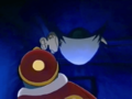 King Dedede watches as Escargoon is supposedly lifted up by haunted bed-sheets.