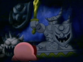Kirby lands in front of a haunted knight statue.