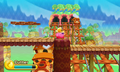 Kirby stands high above the Waddle Dee Trains.