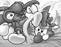 Beetle Kirby fight Bugzzy, in Kirby: Uproar at the Kirby Café?!.