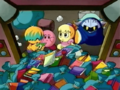 Meta Knight shows Kirby and the kids the cluttered state of Sir Gallant's ship.