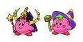 Concept art of scrapped Nightmare-inspired gear for Super Kirby Clash, with the Star Rod as Kirby's weapon