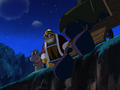 King Dedede and Escargoon dump their trash into the river, thinking the coast to be clear.