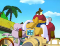 King Dedede and Escargoon are bombarded with wooden ninja stars.