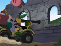 Kirby narrowly avoids Dedede and Escargoon in their Armored Vehicle.