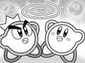 Illustration of Kirby and Fluff finding the first piece of the Magic Yarn from Kirby: Big Trouble in Patch Land!